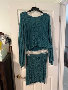 Fashion Nova Teal Cable Knit Two-Piece Skirt Set